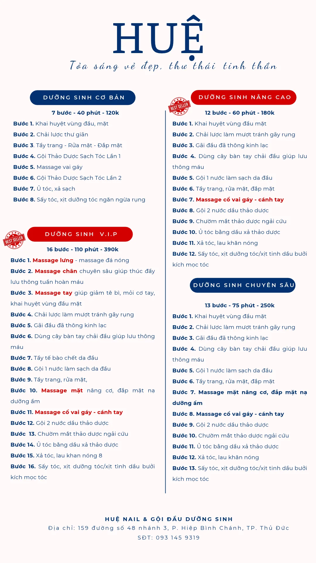 Chi tiết các bước của từng gói gội đầu dưỡng sinh tại Huệ