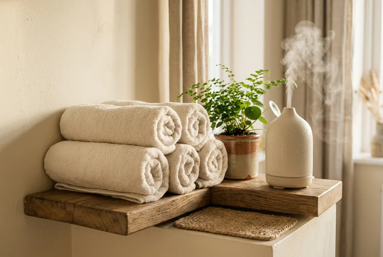 Khăn sạch cuộn gọn và cây xanh trong không gian spa